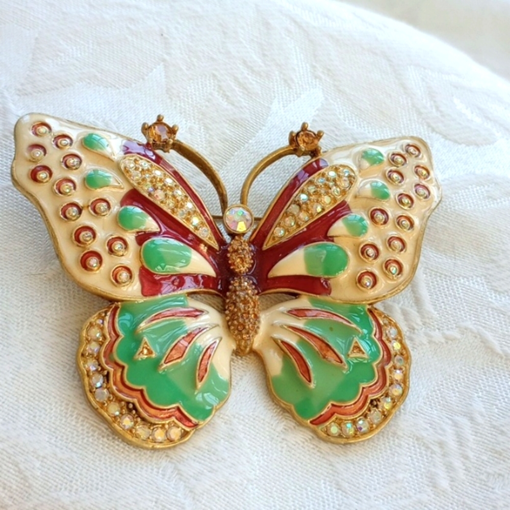 Kenneth Jay Lane Pastel Mint Green Mauve Rhinestone Life Sized Butterfly Pin